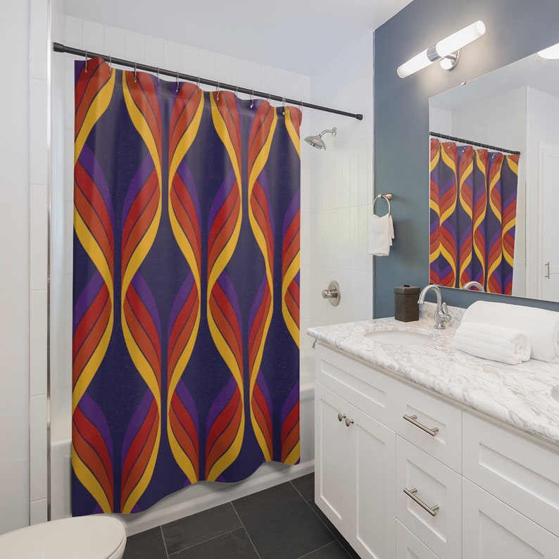Custom Geometric Retro Shower Curtain For 60's 70's Hippie Bathroom Style - Image 3