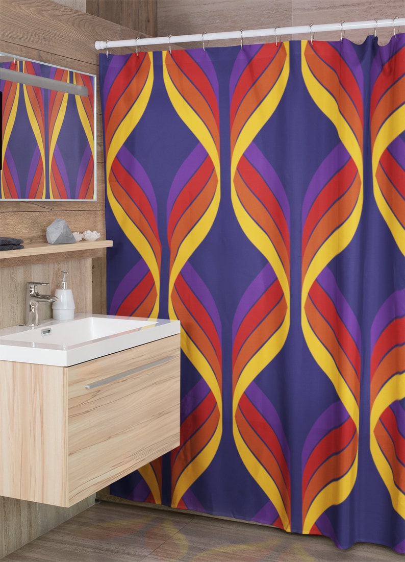 Custom Geometric Retro Shower Curtain For 60's 70's Hippie Bathroom Style - Image 4