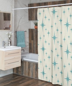 Custom Mid Century Modern Shower Curtain - Mcm Retro Bathroom Accessory With Blue Atomic Stars Design