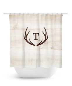 Custom Monogram Shower Curtain, Hunting Lodge Decor, Deer Antler Bathtub Curtain, Woodland Bathroom, Brown Rustic Shower