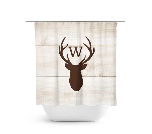 Custom Monogram Shower Curtain, Hunting Lodge Decor, Deer Head Antler Bathtub Curtain, Woodland Bathroom, Brown Rustic Shower