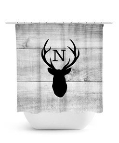 Custom Monogram Shower Curtain, Hunting Lodge Decor, Deer Head Antler Bathtub Curtain, Woodland Bathroom, Gray Rustic Shower