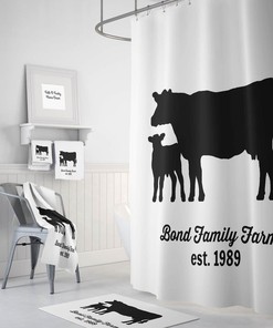 Custom Personalized Cow Shower Curtain Farmhouse Rustic Country Black and White