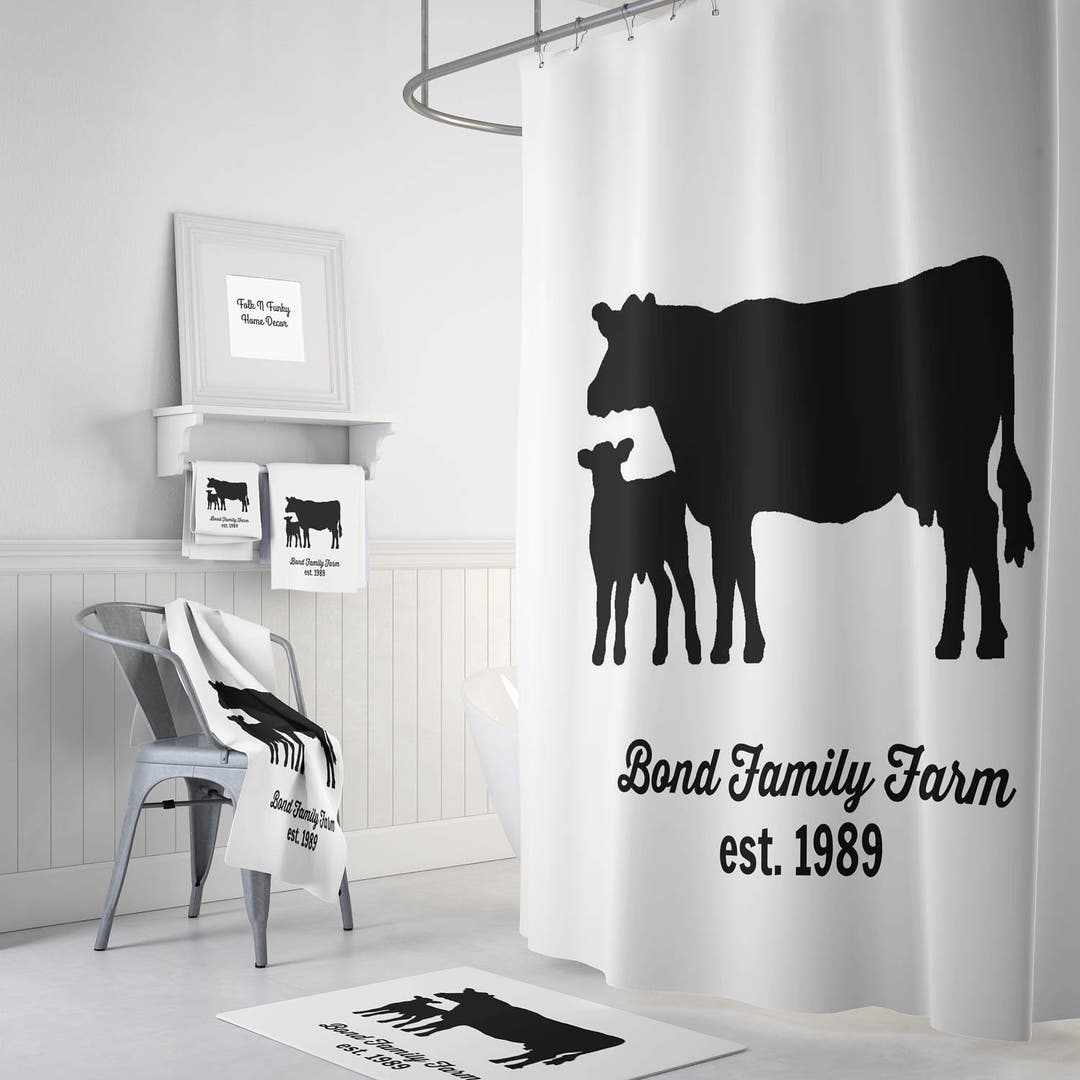 Custom Personalized Cow Shower Curtain Farmhouse Rustic Country Black and White