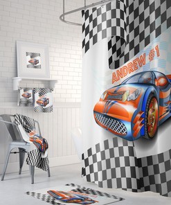 Custom Personalized Race Car Shower Curtain, Bath Mat, Towels, Racing Fan