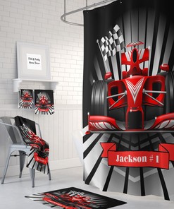 Custom Personalized Red Race Car Shower Curtain