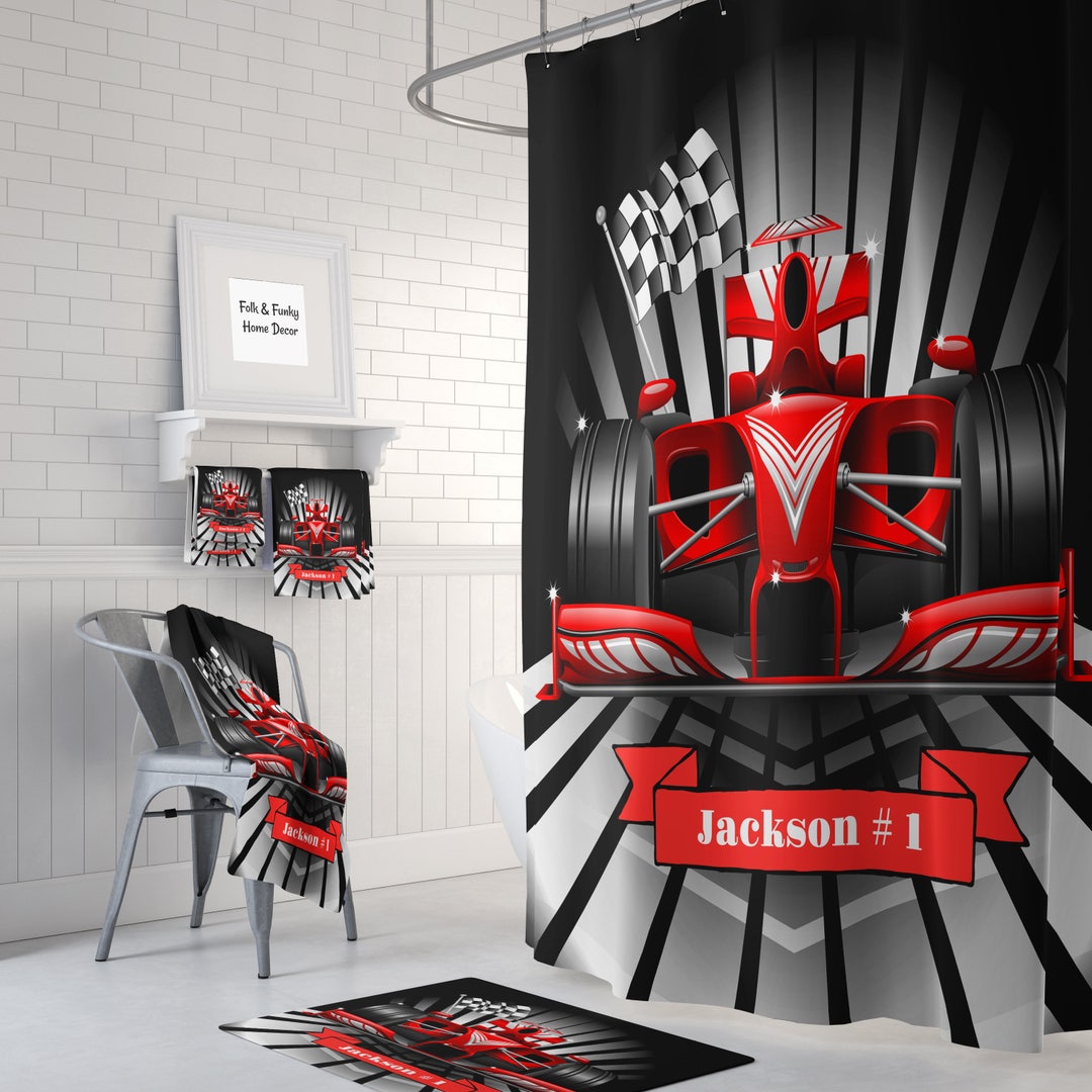 Custom Personalized Red Race Car Shower Curtain