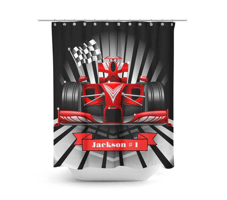 Custom Personalized Red Race Car Shower Curtain - Image 2