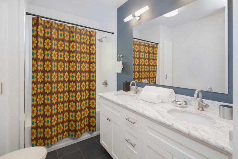 Custom Retro Flowers Shower Curtain - Groovy 60's 70's Hippie Style For Unique Bathroom Decor - Image 3