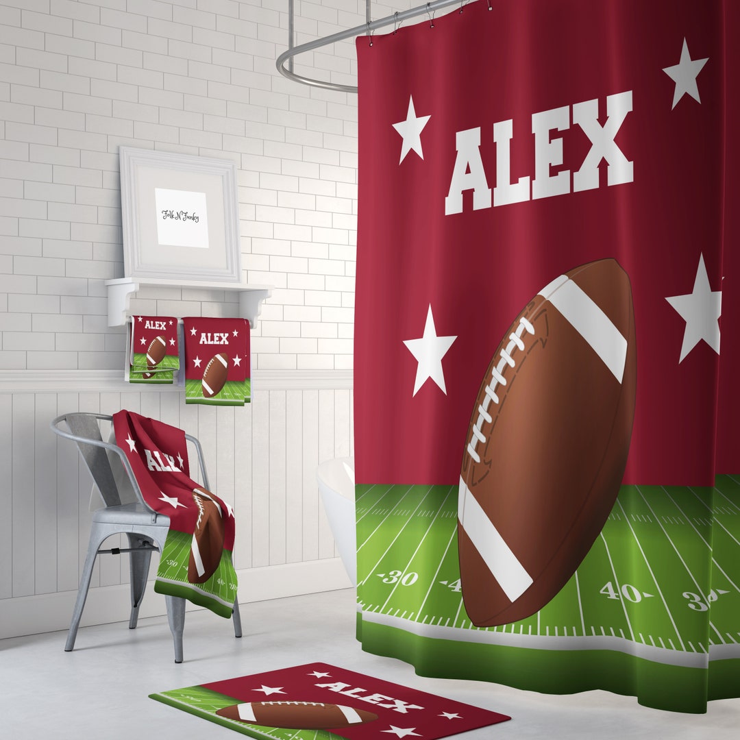 Custom Shower Curtain, Football Theme, Personalized Optional Bath, Bath Towels Bathroom Set