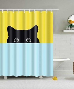 Cute Black Cat Shower Curtain, Yellow Blue Hiding Cat Pet Animal, Home Bath Decor Cat Lovers Cat Mom