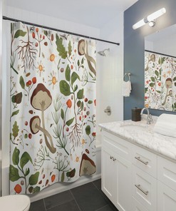 Cute Boho Mushrooms Shower Curtain, Mushroom Bathroom Decor, Botanical Shower Curtain, Botanical Bathroom, Biology Lover Shower Curtain