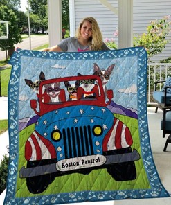 Cute Boston Terrier Driving Car Quilt Blanket Bedding Set
