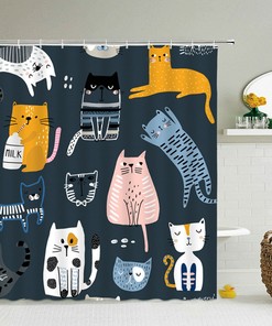 Cute Cat Shower Curtain, Cats Pet Animal Blue Fabric Japanese Design For Cat Lovers And Cat Mom