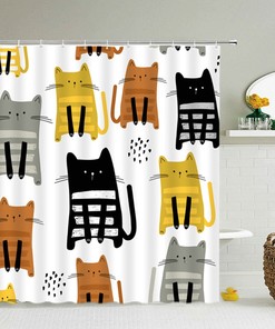 Cute Cat Shower Curtain, Cats Pet Animal Fabric Japanese Design, Bathroom Decor For Cat Lovers And Cat Mom