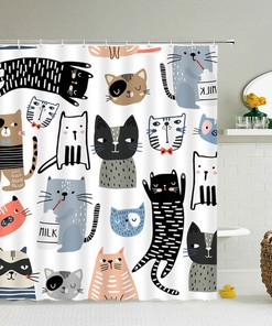 Cute Cat Shower Curtain, Cats Pet Animal Fabric Japanese Design For Cat Lovers And Cat Mom