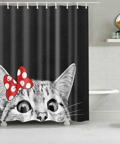 Cute Cat Shower Curtain, Gray White Cat With Ribbon Pet Animal, Home Bath Decor For Cat Lovers Cat Mom
