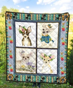 Cute Chihuahua With Flowers Quilt Blanket Bedding Set