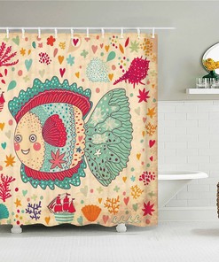 Cute Fish In The Ocean Shower Curtain, Blue Pink Sea Beach Coral Seashell, Bathroom Curtain Kids Children Home Decor