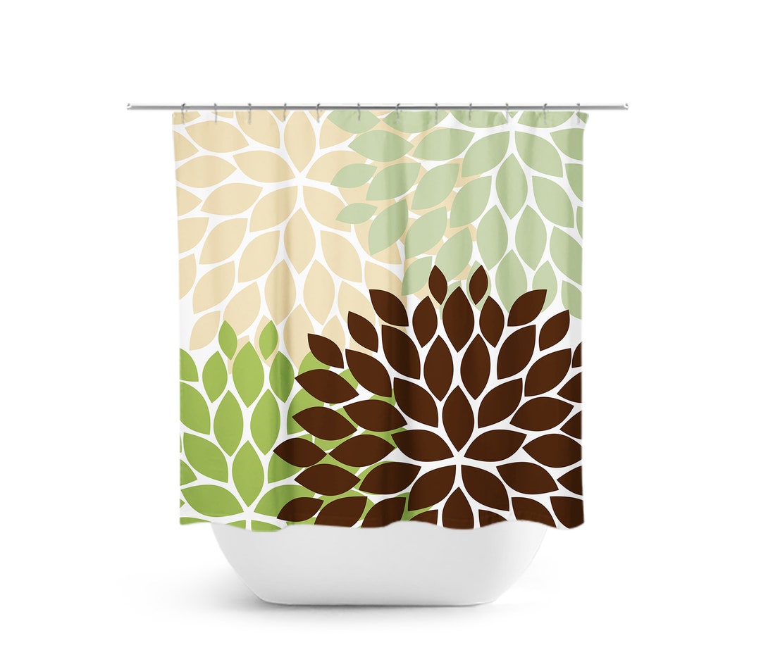 Cute Green Shower Curtain For Girls Bathroom Decor, Fun Floral Curtain For Green And Brown Bathroom