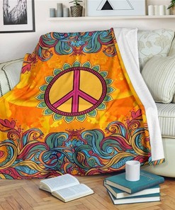 Cute Hippie Peace Symbol Orange Sherpa Fleece Blanket Gifts for Family, for Couple