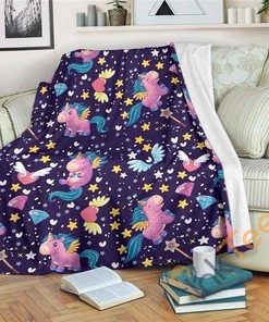 Cute Night Star Unicorn Pattern Sherpa Fleece Blanket Gifts for Family, for Couple