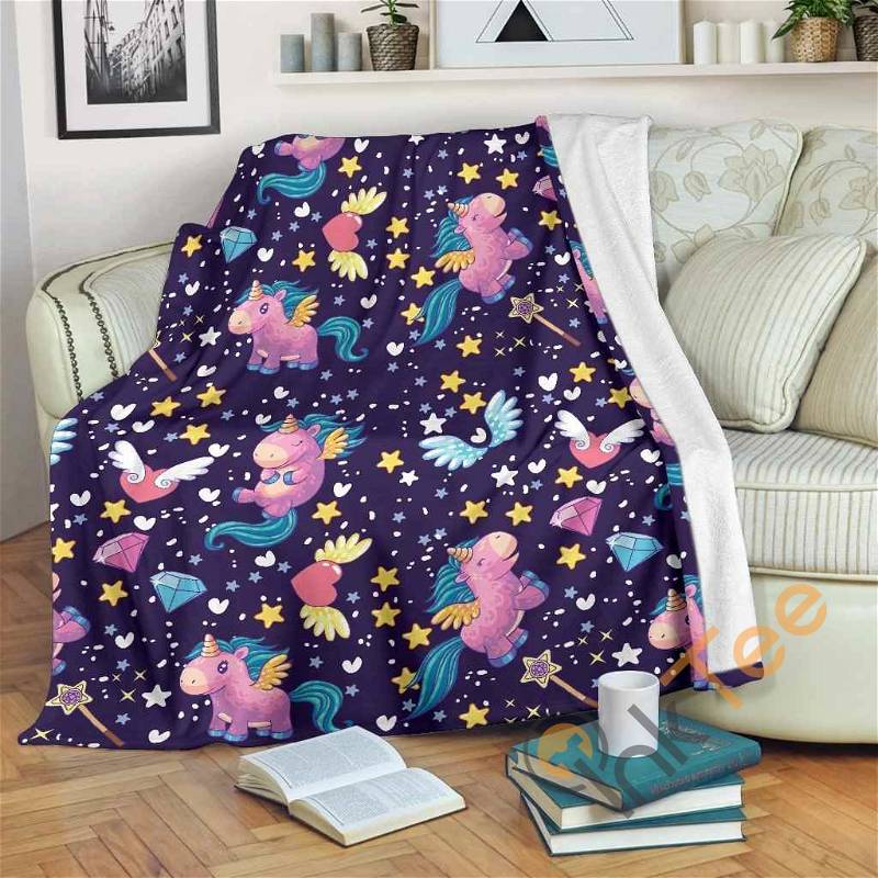 Cute Night Star Unicorn Pattern Sherpa Fleece Blanket Gifts for Family, for Couple
