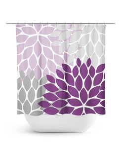 Cute Purple Shower Curtain For Girls Bathroom Decor, Extra Long Fun Floral Bath Curtain For Purple And Gray Modern Bathroom