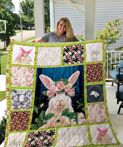 Cute Rabbit With Flowers Quilt Blanket Bedding Set