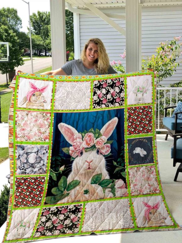 Cute Rabbit With Flowers Quilt Blanket Bedding Set