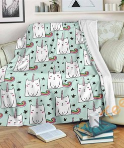 Cute Unicorn Cat Pattern Sherpa Fleece Blanket Gifts for Family, for Couple