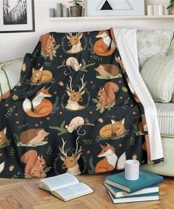 Cute Wild Animals Fox Deer Sox Squirrel Hedgehog Sherpa Fleece Blanket Gifts for Family, for Couple
