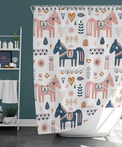 Dala Horse In Swedish Forest Shower Curtain, Scandinavian Danish Nordic Horses Animal