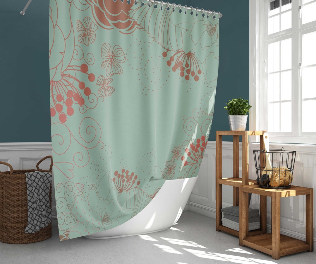 Dandelion Floral Shower Curtain, Blue Orange Graphic Flowers Fabric Bathroom Curtain, Home Bathroom Set Decor