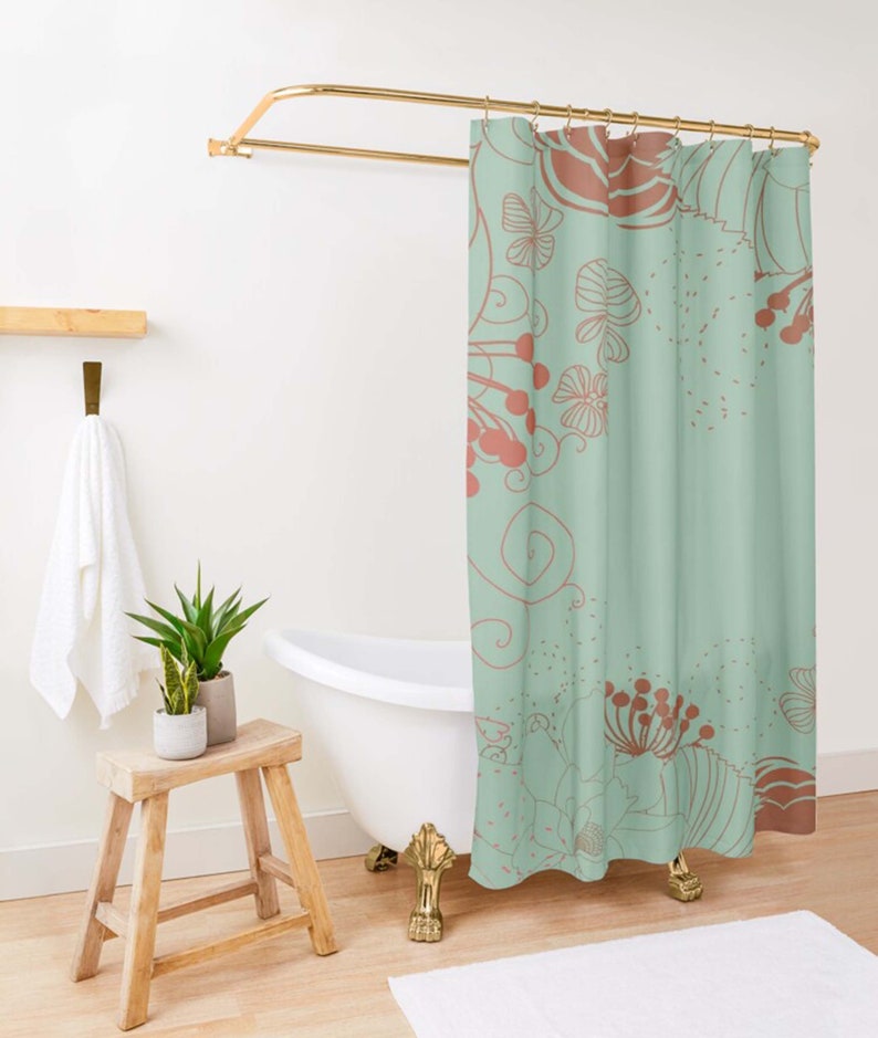 Dandelion Floral Shower Curtain, Blue Orange Graphic Flowers Fabric Bathroom Curtain, Home Bathroom Set Decor - Image 2
