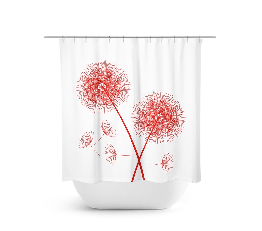 Dandelion Shower Curtain, Farmhouse Bathroom Decor, Red Dandelion Bath Curtain, Red Shower, Dandelion Bathroom