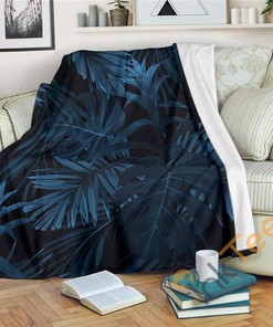Dark Blue Tropical Leaf Pattern Sherpa Fleece Blanket Gifts for Family, for Couple