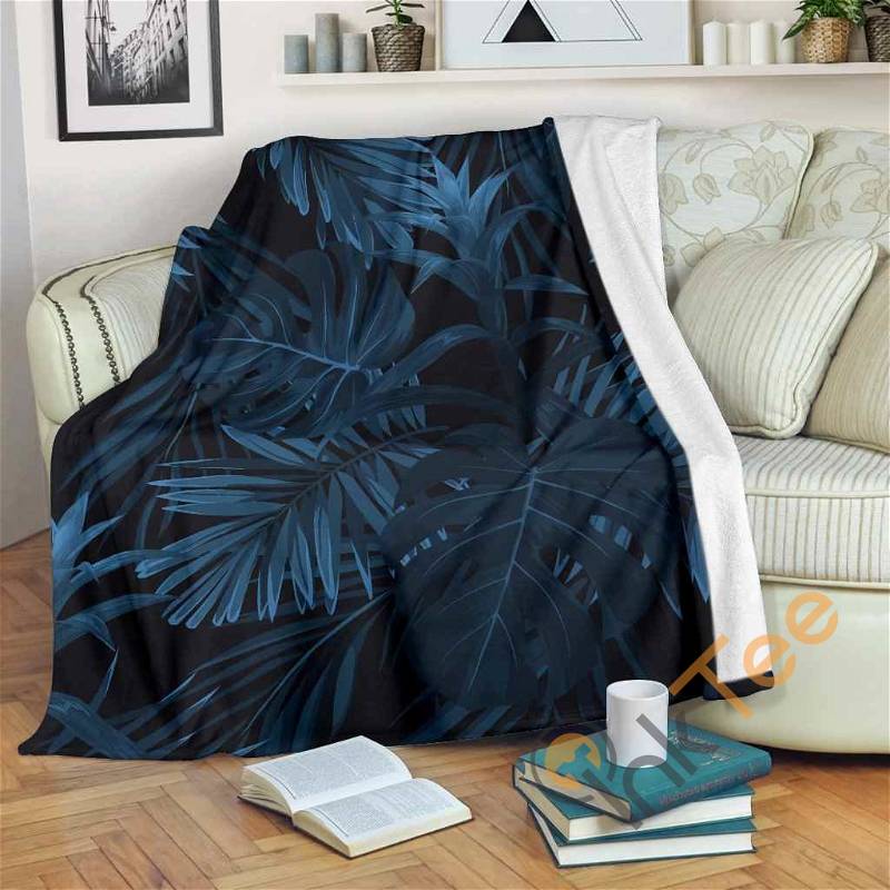 Dark Blue Tropical Leaf Pattern Sherpa Fleece Blanket Gifts for Family, for Couple