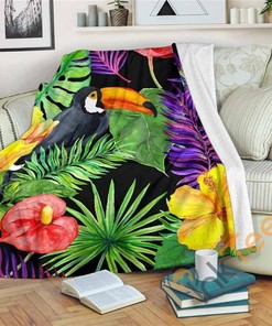Dark Hawaiian Tropical Pattern Sherpa Fleece Blanket Gifts for Family, for Couple