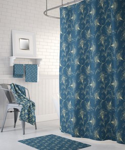 Dark Teal Floral Shower Curtain With Optional Towels And Bath Mat