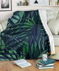 Dark Tropical Palm Leaves Pattern Sherpa Fleece Blanket Gifts for Family, for Couple