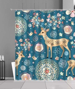 Deer In The Forest Shower Curtain, Blue Floral Birds Flowers Cute Animal, Fabric Bath Curtain, Home Decor Accessories