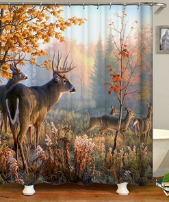 Deer In The Forest Shower Curtain, Wildlife Jungle Animal Trees Autumn Leaves Flowers, Fabric Bath Curtain Home Decor