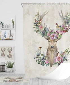 Deer and Birds Floral Shower Curtain Add Options Towels and Bath mat