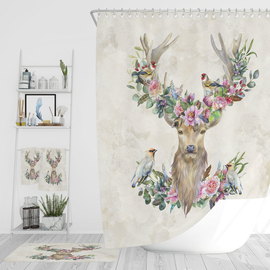 Deer and Birds Floral Shower Curtain Add Options Towels and Bath mat