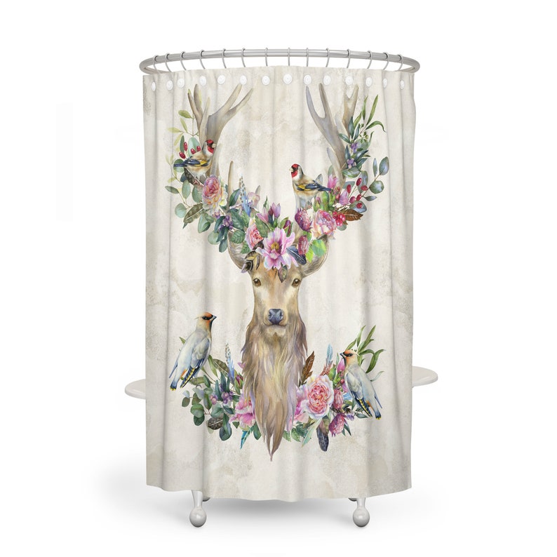 Deer and Birds Floral Shower Curtain Add Options Towels and Bath mat - Image 2