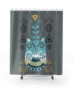 Denmark Designs, Retro Curtain Floral Folk Art Owl Abstract Scandinavian Danish Shower Curtain