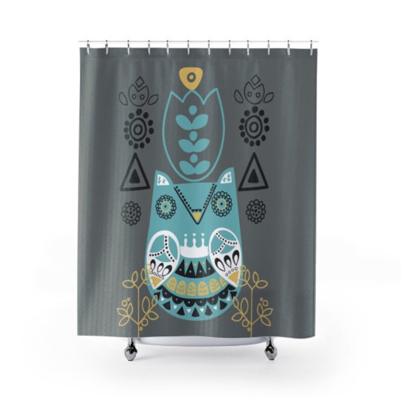 Denmark Designs, Retro Curtain Floral Folk Art Owl Abstract Scandinavian Danish Shower Curtain - Image 3