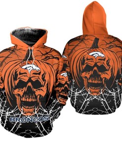 Denver Broncos Hoodie Halloween Pumpkin Skull Print Zip Hoodie