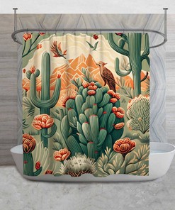 Desert Design With Cactus Shower Curtains, William Morris Style Shower Curtain, Green And Orange Decor, Artistic Bathroom